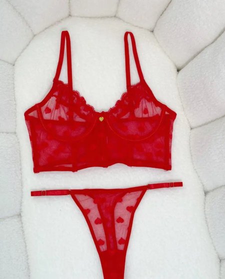Red Hearts - Sheer Mesh Lingerie Set