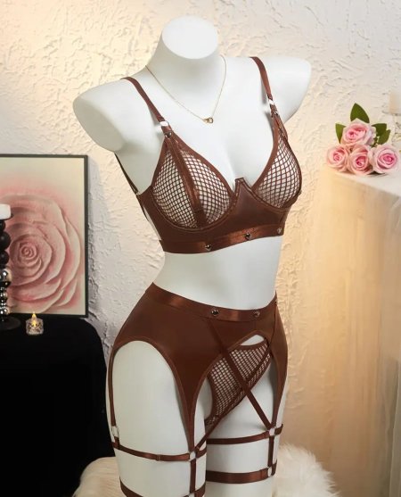 Bronze Seduction - Leather Mesh Harness Set