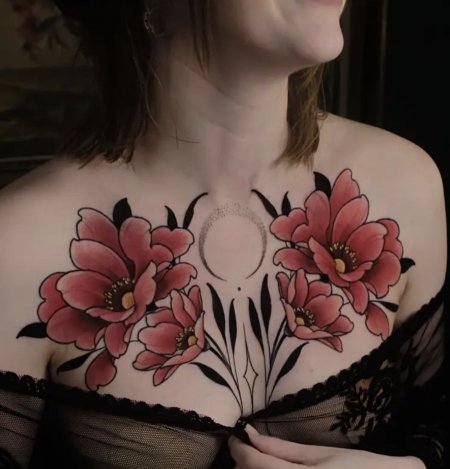Temporary Tattoo – Moon & Red Flower