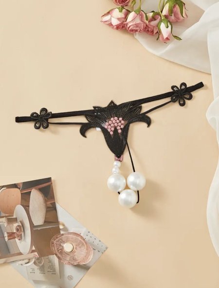 سترينغ دانتيل لؤلؤي – Pearl Floral Lace String Lingerie