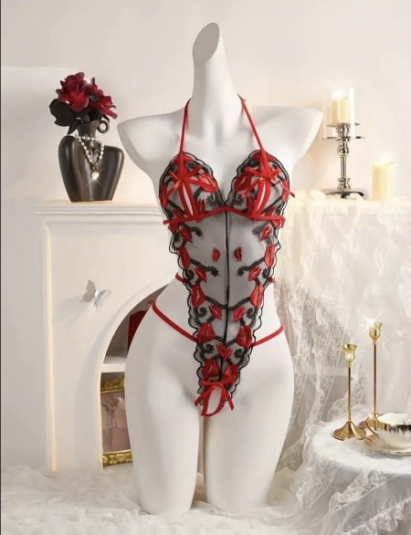 لانجري بودي شفاف دانتيل أحمر وأسود – Lace Bodysuit Lingerie