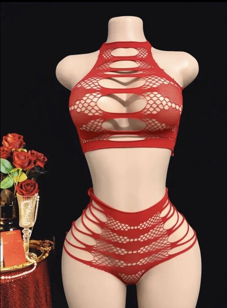 لانجري شبكي أحمر بفتحات – Red Fishnet Cut-Out Lingerie