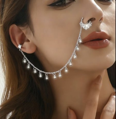 طقم أقراط سلسلة مع خاتم على الانف فخم بالون الفضي