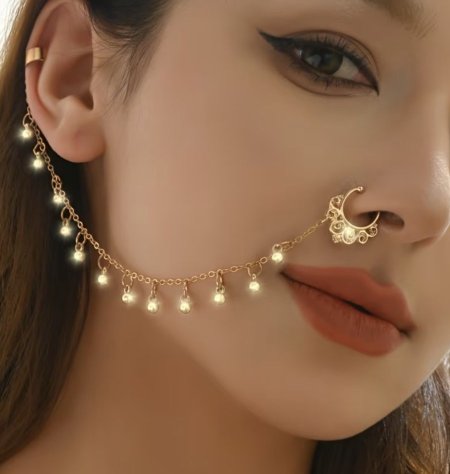 طقم أقراط سلسلة مع خاتم على الانف بالون الذهبي