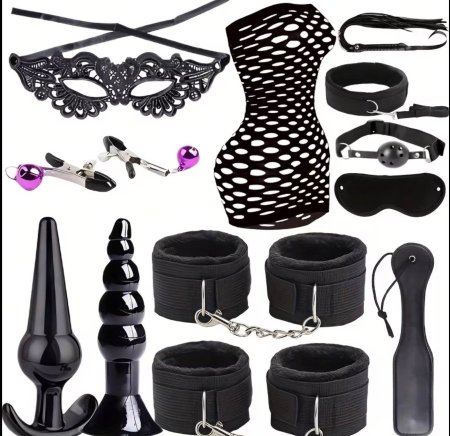 مجموعه من الأصفاد مع لانجري شبك ون سايز